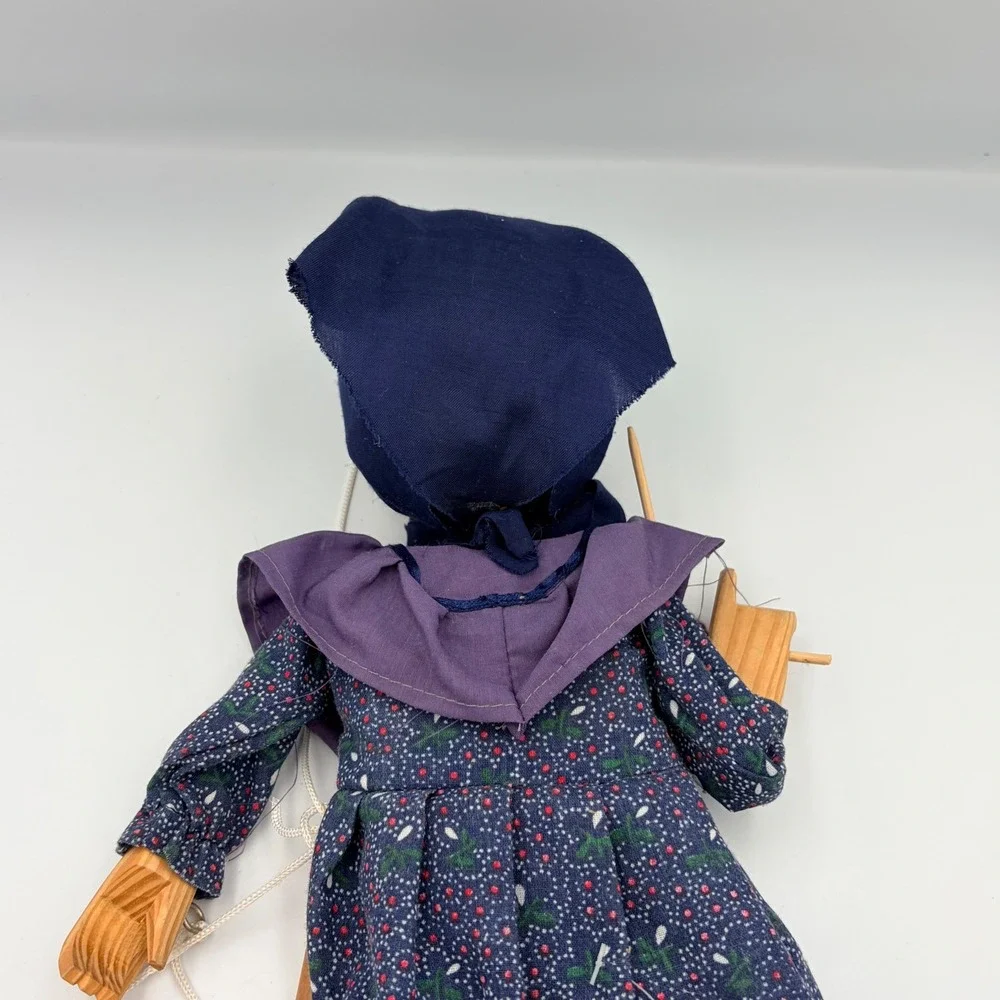 Vintage Marionette Puppet Folk Art Doll Blue‎ Floral Dress Wood Face